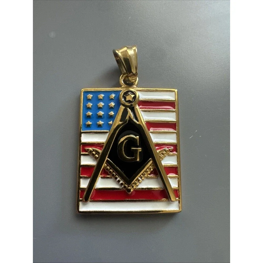 U. S. A. Free Mason Stainless Steel Freemason Symbol Masonic Pendant Chain Gold